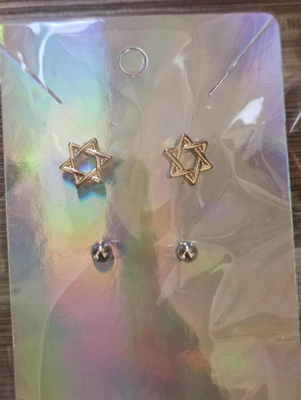 Gold Star of David and Silver Ball Stud Earring Set - Holographic Card